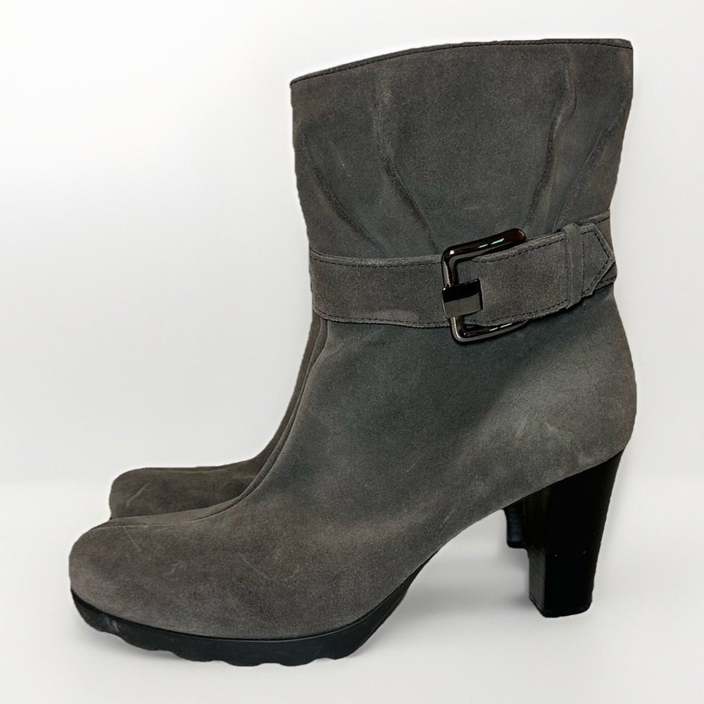 La‎ Canadienne Gray Suede Heeled Ankle Boot Side Buckle Zip Chic Women's 8.5 M